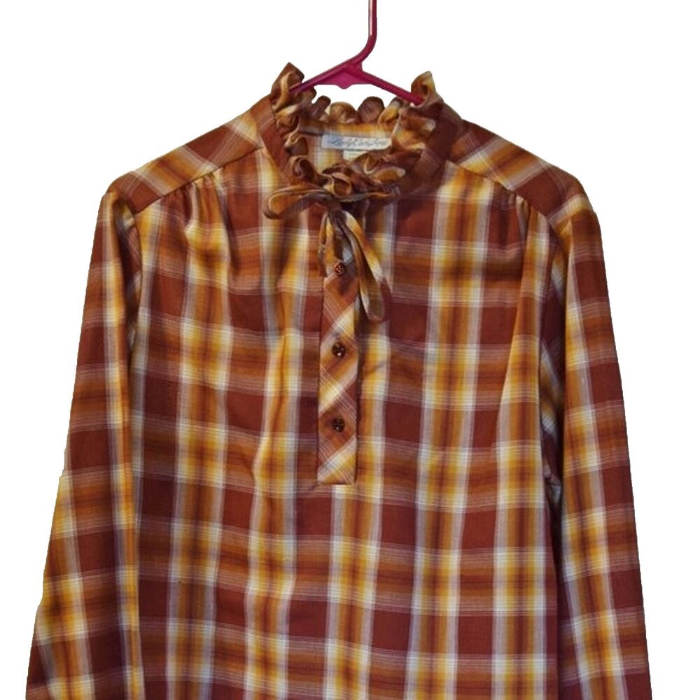 Vintage Lady Caribou Brand Blouse Top Red-Orange Plaid Size 38-USA Size 8-M